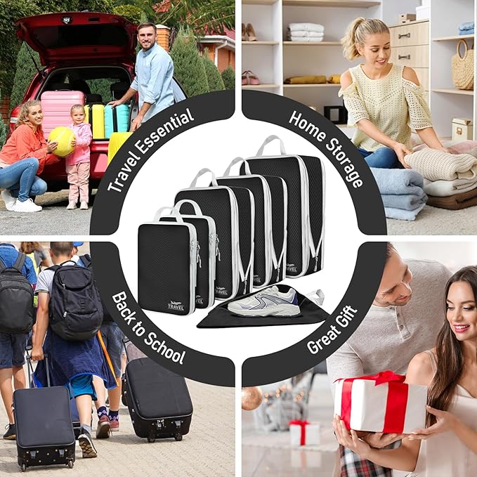 6 Set Compression Packing Cubes, Suitcase Organizer, Lightweight Travel Essentials, Compression Bags For Travel Accessories Luggage Storage Set (6Pcs, Black)