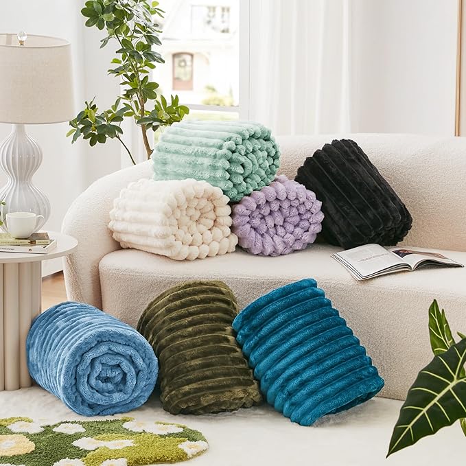 EXQ Home Fleece Throw Blanket for Couch or Bed - 3D Stripe Jacquard Decorative Blankets - Cozy Soft Lightweight Fuzzy Flannel Blanket Suitable for All Seasons(50"×60",Blue)