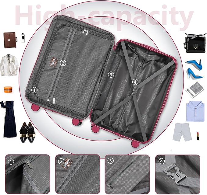 Rose Red 6 Piece Luggage Set Hard Shell - Expandable Suitcases with Spinner Wheels and Duffel Bags for Family Travel, Durable Carry On Luggage Sets with Lock for Women and Girls