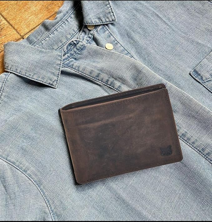 Real Leather Mens Bifold Wallet RFID Blocking Slim Minimalist Front Pocket - Thin & Stylish with ID Window in Gift Box (Crazy Horse, Coffee)