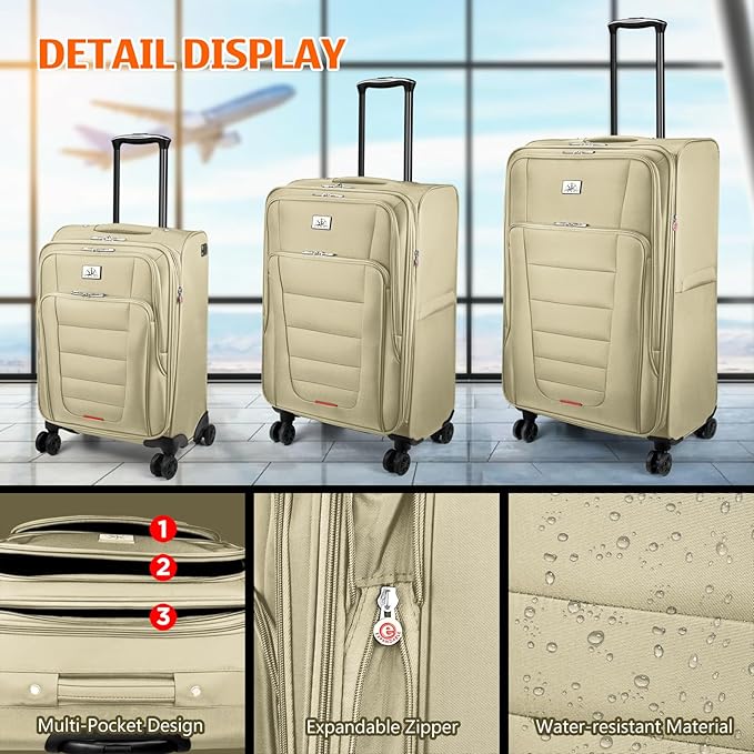 Verdi Luggage Sets of 2 Suitcase with Spinner Wheels Softside Expandable, Carry On Luggage with USB Port (Khaki, 2-Piece set(20/28))