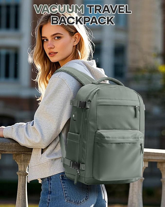 Vacuum Travel Backpack with Pump for Women, Personal Item Carry on Backpacks Flight Approved 18x14x8 inches for Men,Laptop Waterproof Work Compression bags Casual Daypack. Green.