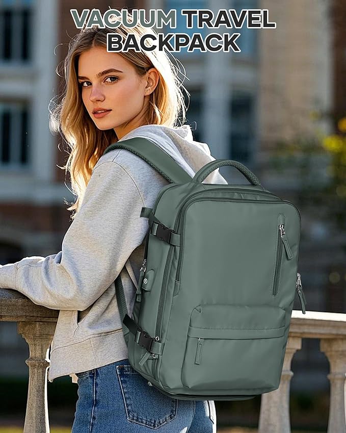VECAVE Vacuum Travel Backpack with Pump for Women, Personal Item Carry on Backpacks Flight Approved 18x14x8 inches for Men,Laptop Waterproof Work Compression bags Casual Daypack. (Green)