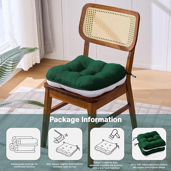 BETU Chair Cushions for Dining Chairs Set of 6,3.5" Thick Kitchen Table Chair Pads with Ties,Non Slip Backing and Covers, Seat Cushion for Dining Room,Bar,Patio Chairs,16"X16"X3.5",Dark Green