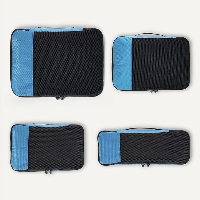 Amazon Essentials 4-Piece Packing Cubes Travel Accessories Set, Luggage Organizer with Double Zipper, Mesh Top, 100% Polyester, Small/Medium/Large/Slim, Sky Blue (Previously Amazon Basics)
