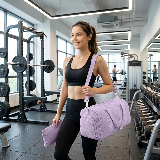 2PCS Cute Gym Bag for Girls, Corduroy Duffle Bag with Wet Pocket & Shoe Compartment and item bag, Duffle Bag for Travel, Sports, Fitness & Workout