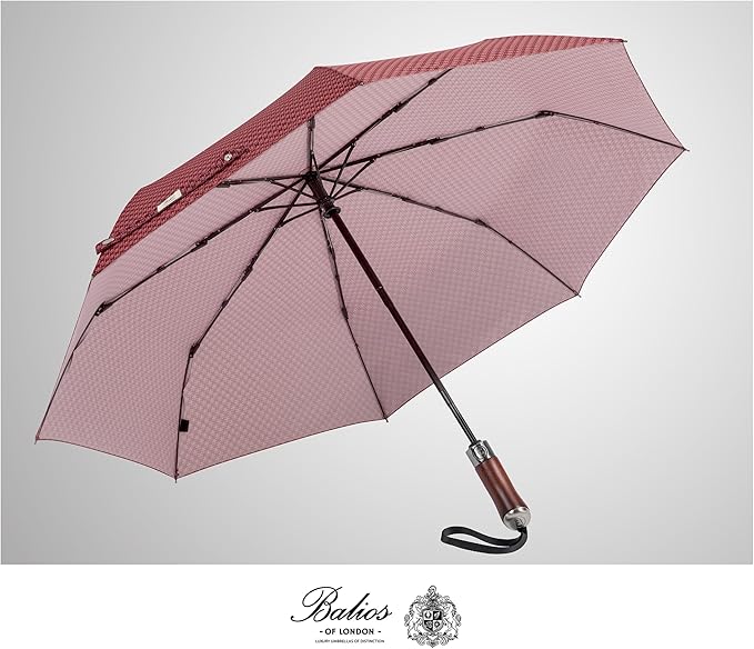 Balios (Designed in UK) Travel Umbrella Luxurious Golden Hardwood Handle Auto Open & Close Windproof Frame Single Canopy Automatic Folding Umbrella Men's & Ladies