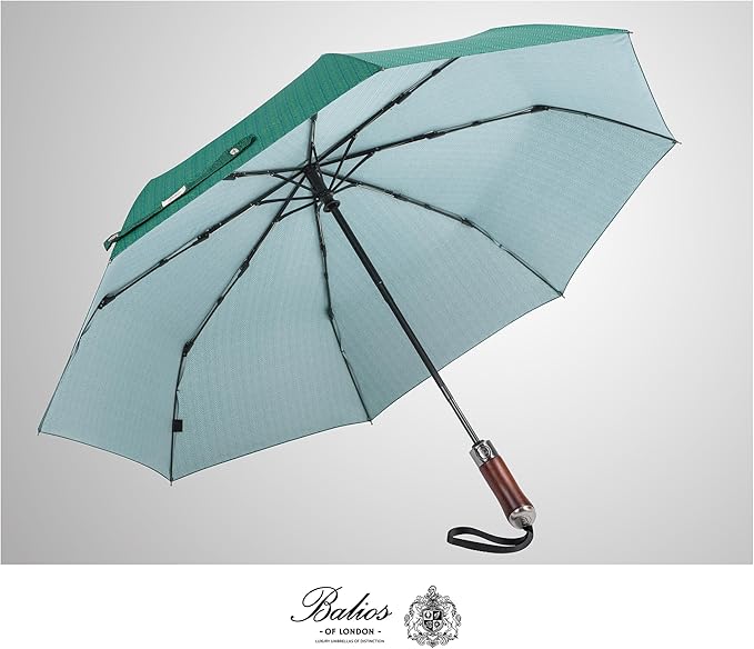 Balios (Designed in UK) Travel Umbrella Luxurious Golden Hardwood Handle Auto Open & Close Windproof Frame Single Canopy Automatic Folding Umbrella Men's & Ladies