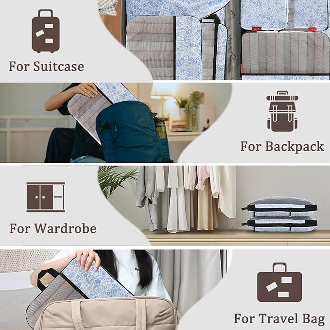 U+U 8 Set Compression Packing Cubes - Ultralight Travel Organizers with Laundry Bag and Cosmetic Bag, Space-Saving Suitcase Organizer for Travel, Business Trip and Family Vacation (Blue Flower)
