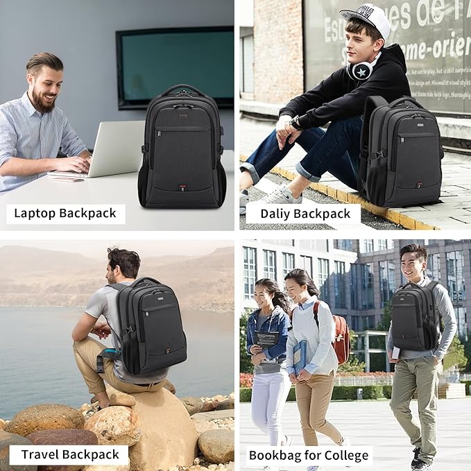 DUSLANG 17 Inch Laptop Backpack for Travel Water Resistant College Backpack for Men/Women Laptop Bag with USB Charging Port,Black
