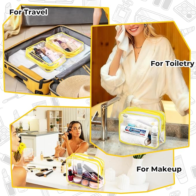6 Pieces Clear Makeup Bags Bulk TSA Approved Toiletry Bag for Travel PVC Waterproof Clear Cosmetic Pouch with Zipper for Men and Women Carry-on Travel Essentials (Yellow)