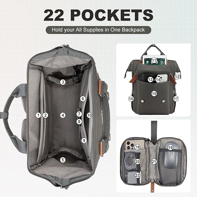LOVEVOOK Laptop Backpack for Women Work Travel Commuter Backpack Business Computer Bag Doctor Nurse Bags College Backpack Purse, 15.6 Inch, Dark Grey-brown