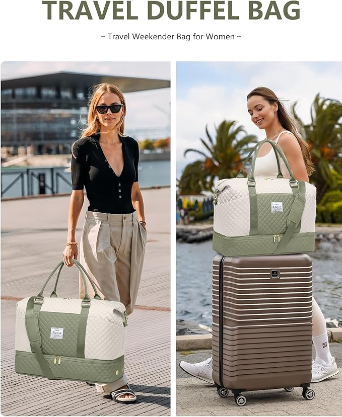 Weekender Bags for Women Duffle Bag - Travel Duffel Bag with Shoe Compartmen Carry on Overnight Bag with Toiletry Bag Gym Tote Bag with Wet Pocket Hospital Bags for Labor and Delivery Beige Green