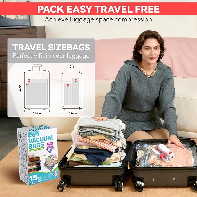 Vacuum Bags for Travel with USB and TYPE C Pump,vacuum seal travel bags,15 Pack Carry-on Size Compression Packing Bags for Luggage and Suitcase,Space Saver for Clothes and Clothing Travel(Red)
