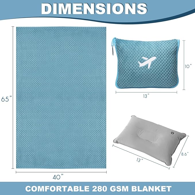 Travel Blanket Airplane Compact with Bag, Travel Essentials 3 in 1 Packable Airplane Blanket, Travel Pillow and Blanket Set, Inflatable Pillow, Luggage Sleeve & Backpack Clip (Slate Blue)
