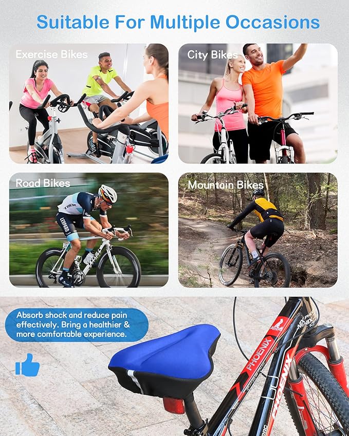 Bike Seat Cushion, Gel Bike Seat Cover, Bicycle Seat Cushion Covers for Women Men Comfort Compatible, Suitable for Outdoor and Indoor (11x10 inch)-Blue