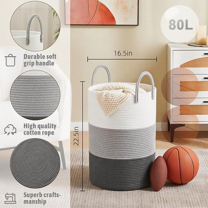 Laundry Basket,Woven Cotton Rope Laundry Hamper,80L for Decorative Storage of Dirty Clothes,Toys and Blankets in Bathroom,Bedroom and Living Room