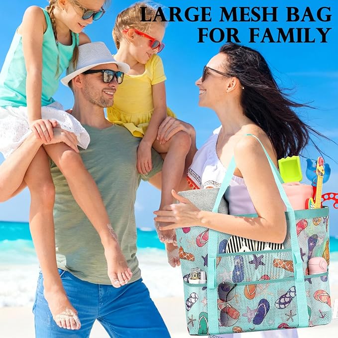 Fammart Mesh Beach Bag, Large Beach Tote with Zipper Pocket, Toys Pool Bag for Family Travel Vacation Cruise Essentials