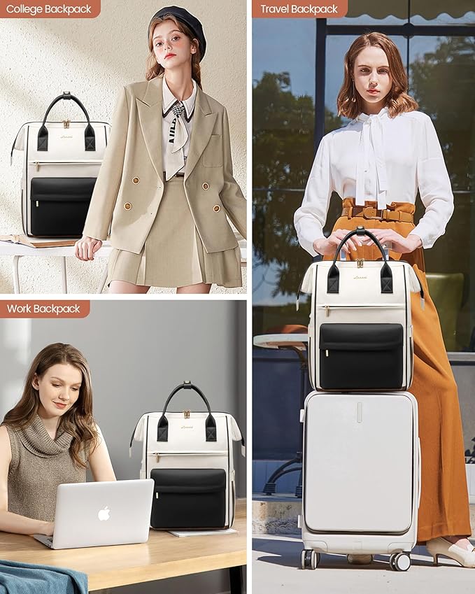 LOVEVOOK Laptop Backpack for Women 17.3 Inch, Travel Backpack with USB Charging Port Large Capacity Laptop Bag, Waterproof Bag for Business College Airline Approved Work Backpack(White Black)