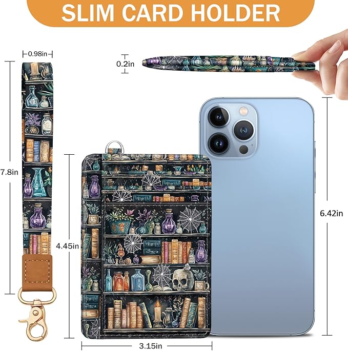 Goth Book Credit Card Holder Wristlet Wallet for Women, RFID Small Wallet Keychain Lanyard, Funny Skull Gothic Travel Cute Thin Front Pocket Case Organizer with ID Window PU Leather Witchy Gifts Woman