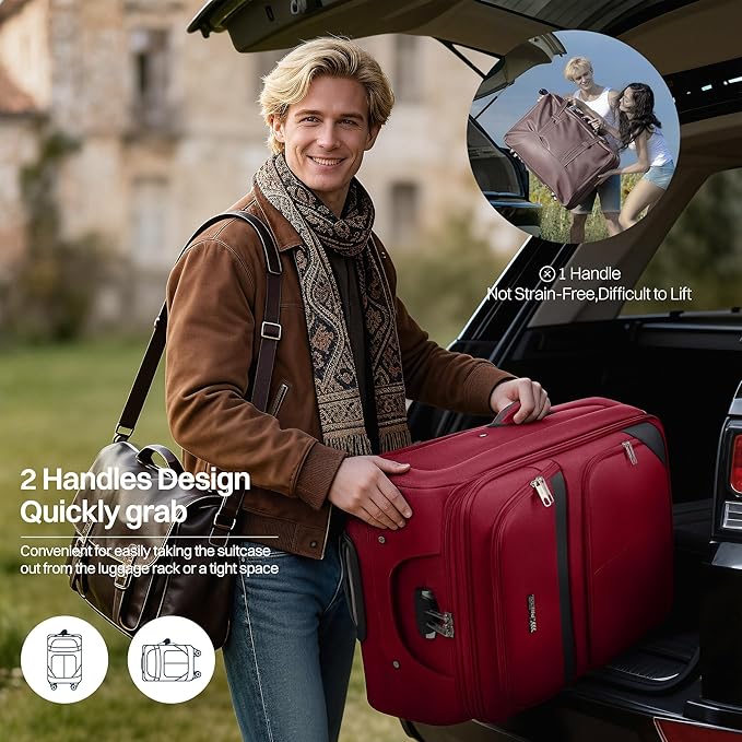 28" Large Softside Expandable 15% Checked Luggage with Double Spinner Wheels LOCK,Lightweight Travel Suitcase for Men/Women(Burgundy-Grey,28in)