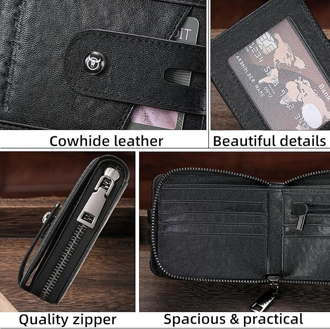BULLCAPTAIN Genuine Leather Men's Wallet with Zipper Vintage RFID Blocking Large Capacity Wallet for Men with 14 Credit Card Slots and 1 ID Window T23 (Black)
