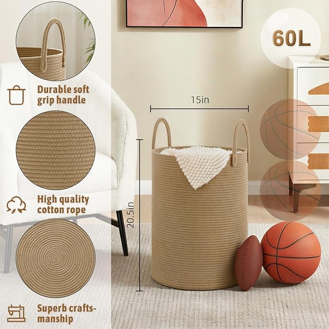 Laundry Basket,Woven Cotton Rope Laundry Hamper,60L for Decorative Storage of Dirty Clothes,Toys and Blankets in Bathroom,Baby Room and Living Room