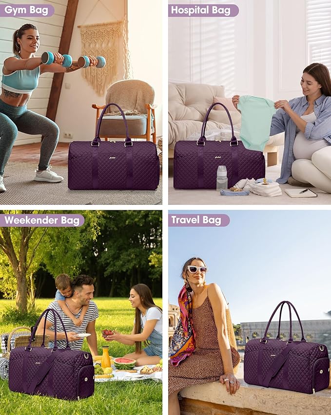Women Weekender Travel Duffle Bag: Travel Duffel Overnight Bags with Shoe Compartment Large Carry on Tote with Toiletry Bag Weekend Traveling Yoga Gym Hospital Bag for Women with Wet Pocket Purple