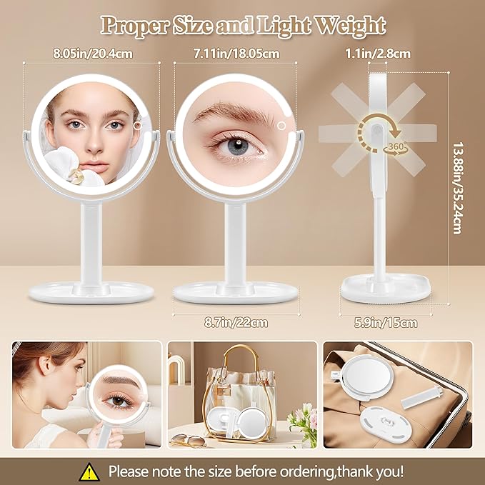 MOMOKUBA Makeup Mirror with Lights, Double Sided 1x/30x Magnifying Mirror with Light, Rechargeable 3 Color Lights and Adjustable Brightness, 360° Rotation Detachable Comes with Tweezer(Ivory)