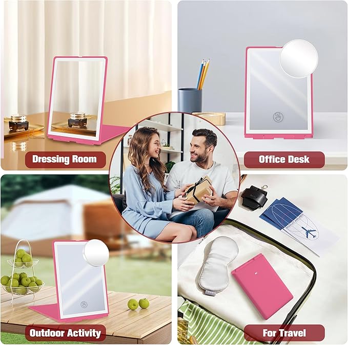 Travel Makeup Mirror with Lights Valentines Day Gifts for Her, Girlfriend, Wife, Birthday Gifts Rechargeable Portable Folding Compact LED Mirror Set with Tweezer 3 Color Light Modes-Rosy