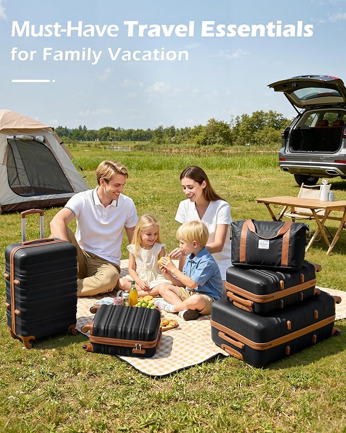 LONG VACATION 6 Piece Luggage Set Carry on Suitcase with ABS+PC hardshell, Spinner Wheels & YKK Zipper TSA Lock (BLACK-BROWN, 6 piece set)