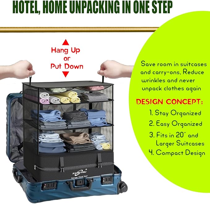 Compressible Packing Cubes Portable Hanging Closet Shelves 17"x12"x24" Extendable Travel Organizer Nylon Packing Bags for Suitcase