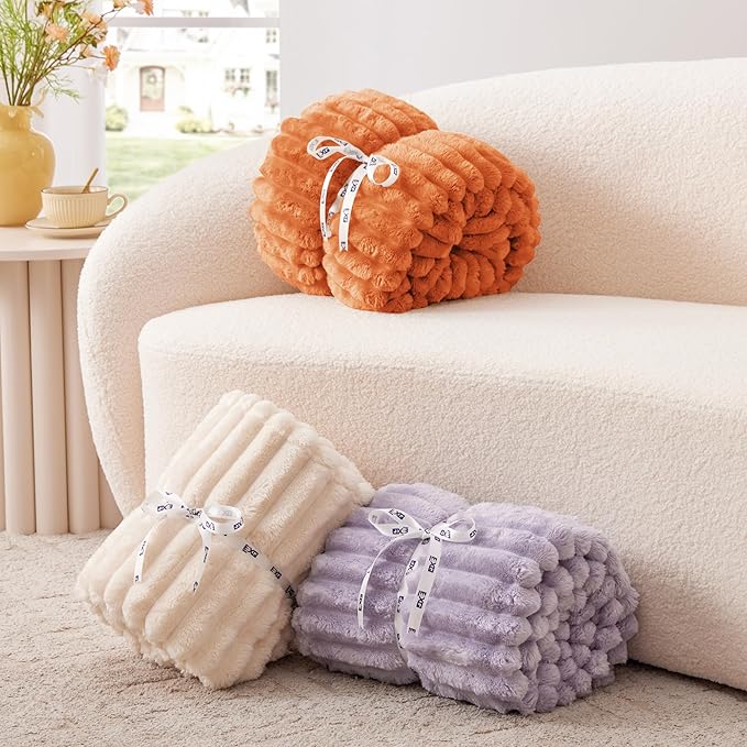 EXQ Home Fall Blanket Twin Size for Couch or Bed - 3D Stripe Jacquard Decorative Fleece Blankets - Cozy Soft Lightweight Fuzzy Flannel Blanket Suitable for All Seasons(60"×80",Orange)
