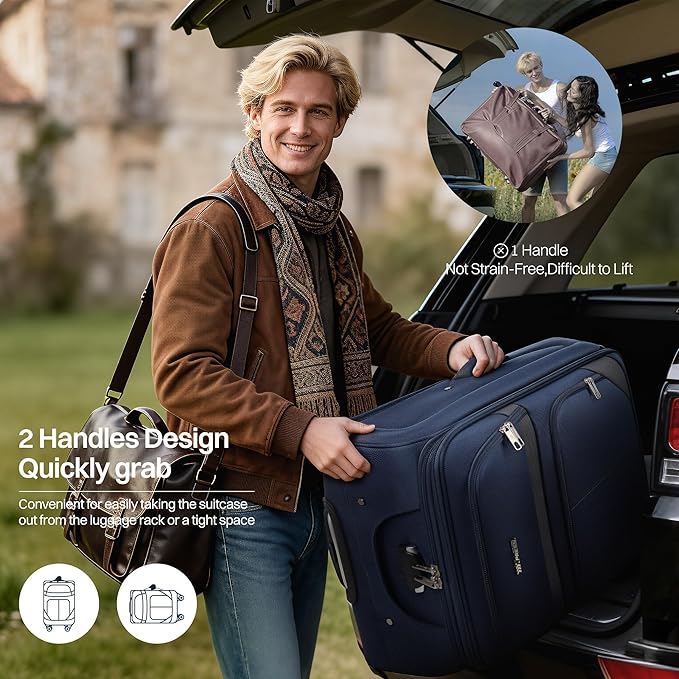 32'' Large Softside Suitcase,Expandable 15% Luggage,with Double Spinner Wheels and LOCK,Lightweight Travel Suitcase for Men/Women(Navy-Grey,32in)