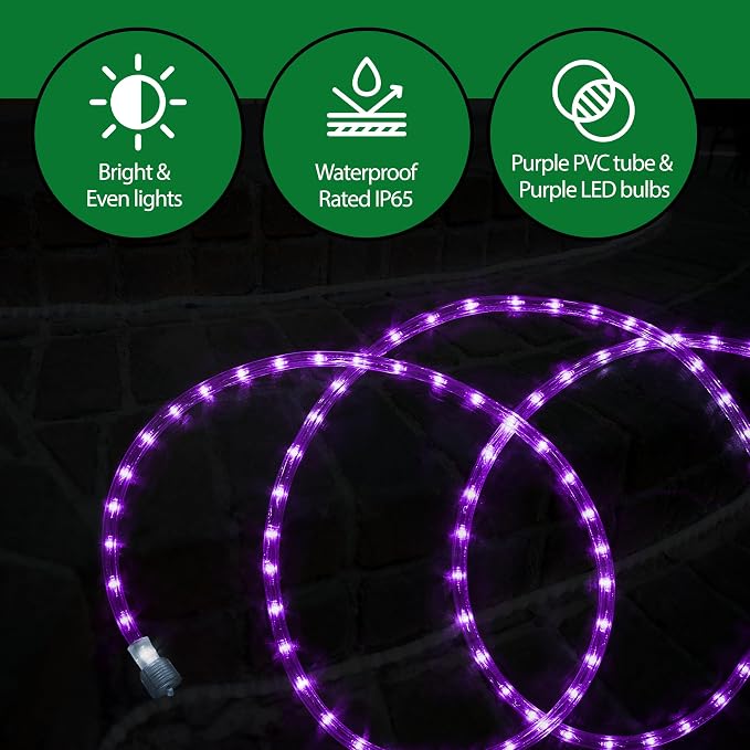 Purple LED Rope Light, 24 feet, Waterproof, Connectable, 2 Pack | Flexible, Durable, Linkable, with 144 Long-Life Bulbs, for Bedroom, Garden, Halloween, Christmas Indoor & Outdoor Decoration