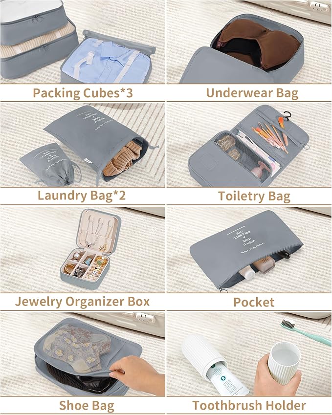 Packing Cubes 11 Set, Suitcase Organizers, Luggage Organizer Bags for Travel, Packing Cubes for Travel, with Toiletry Bag Essentials,Gray