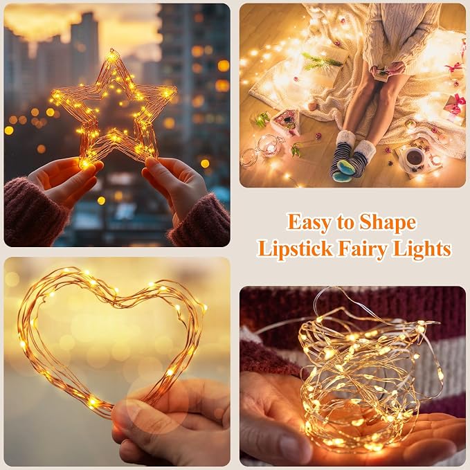 64FT(16×4) Warm White Rechargeable Fairy Lights, 8 Modes Waterproof Battery Operated Mini Twinkle Lights with Timer for Bedroom Christmas Xmas Tree Wedding Decor