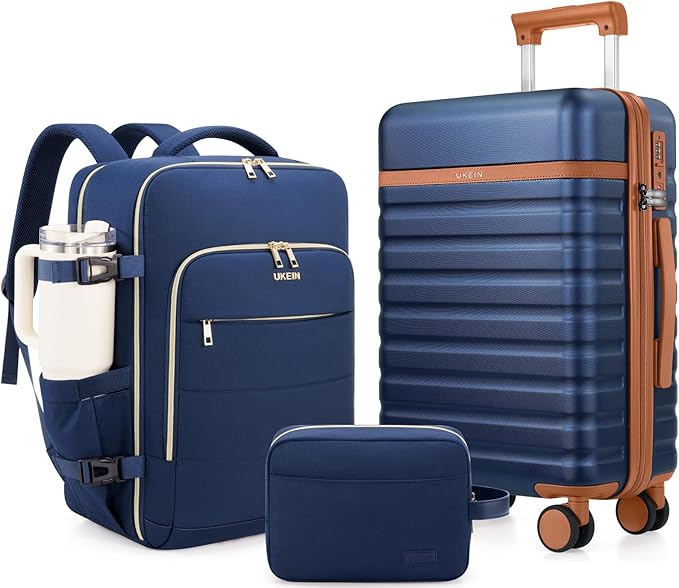 Luggage Sets 3 Piece, Carry On Luggage 20In With Spinner Wheels,PC Hardside Suitcase Set with TSA Lock,Durable Carry On Suitcase With Travel Backpack for Men (Navy Blue, 3 piece set (BP/20inch))