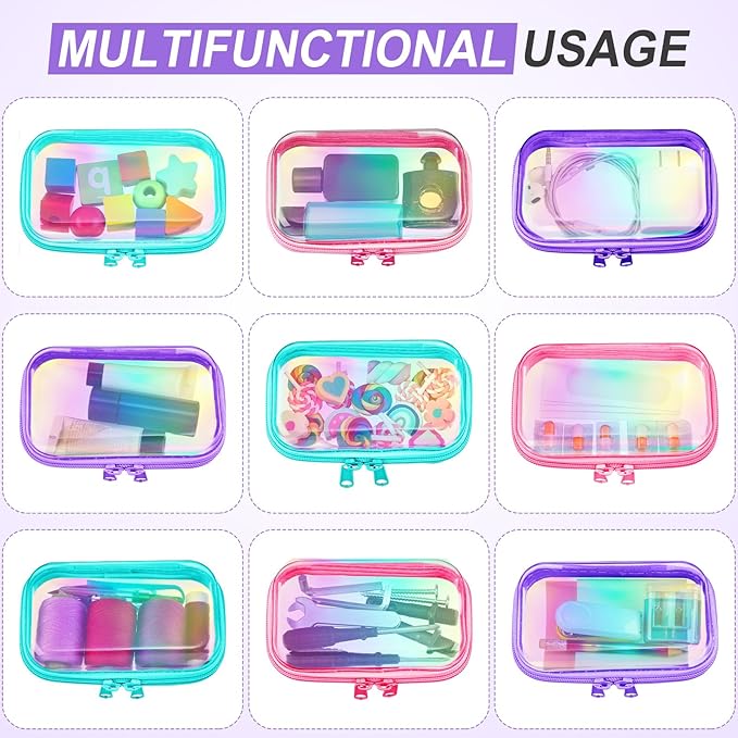 Sanwuta 6 Pcs Clear Hard Zipper Case Plastic Zipper Pouches Transparent Makeup Bag Pencil Case Pouches Toiletry Diaper Bag for Travel Toy Storage Organizer Bins(Holographic,5 x 3 x 2 Inch)