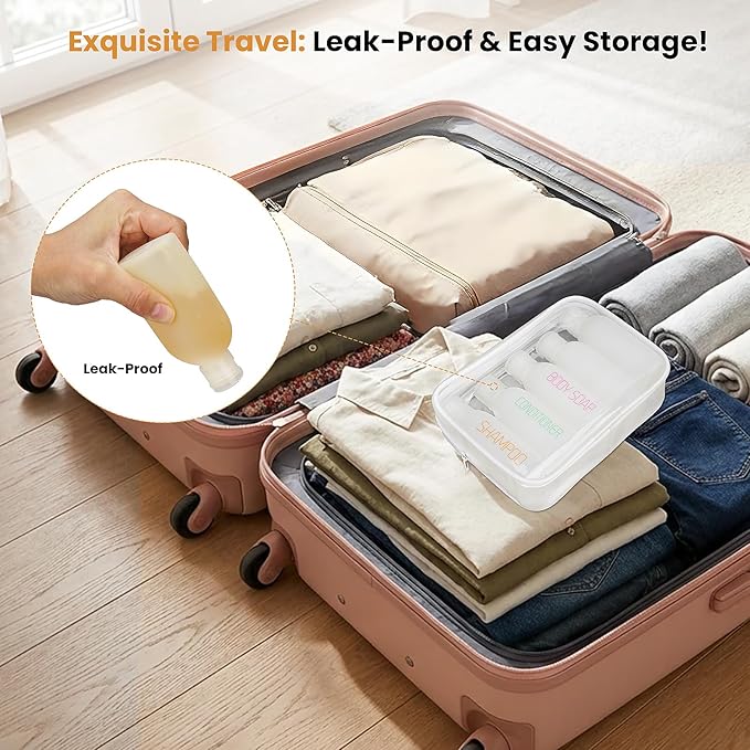 Cosywell 5 Pack 3.4oz Travel Bottles for Toiletries Pre-Printed Shampoo Conditioner & Body Soap Soft Touch HDPE Travel Size Containers TSA Approved Leak Proof Squeezable Toiletry Bottle(White)