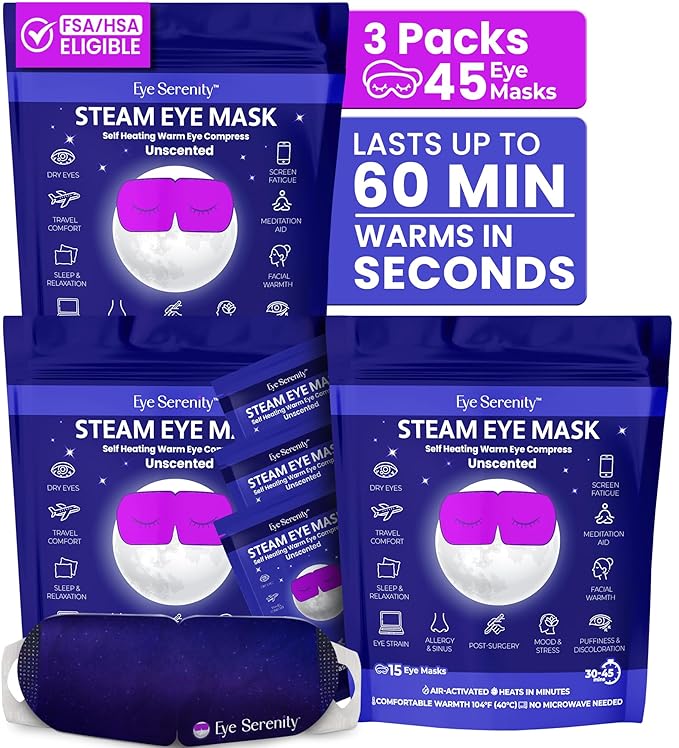 Lure Essentials Steam Eye Mask by Eye Serenity Self-Heating Warm Compress, 45-Pack, Unscented, Dry Eye Relief, Perfect for Self-Care, Ideal for Office, Travel & Nightly Relaxation, Calm Sleep
