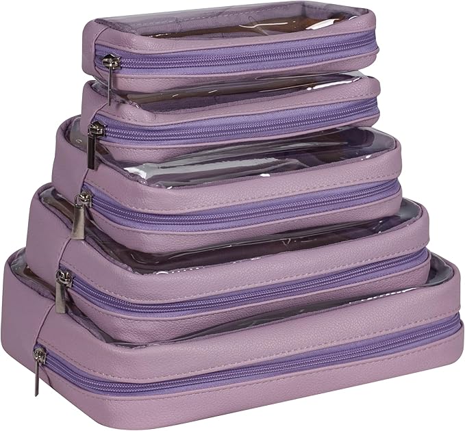 TSA Approved 5-Piece Diaper Bag Organizer Pouch Set Clear Waterproof TPU Kids Toiletry Storage Set Travel Packing Clutch Cube Bags for Baby Nursing (Purple)