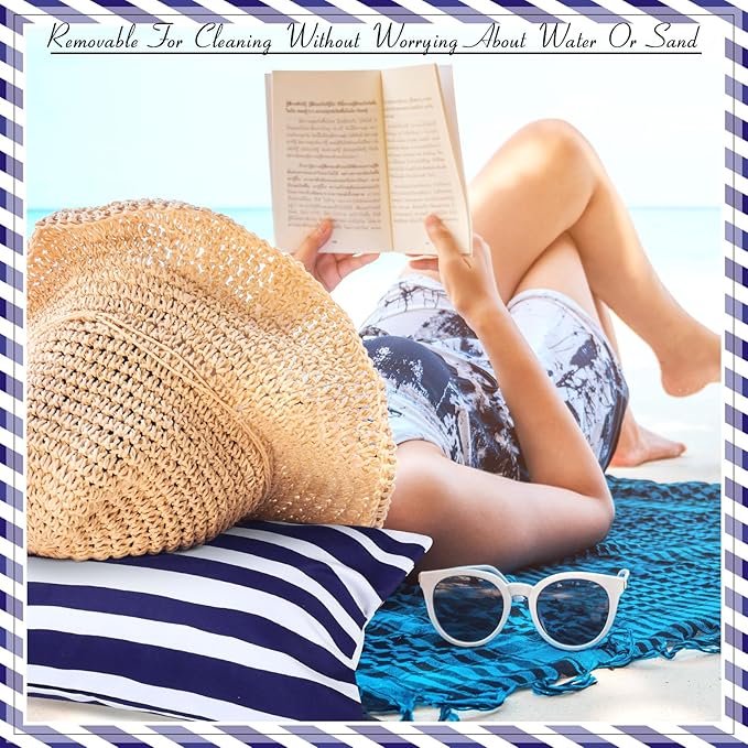 Menkxi 17"x10" Inflatable Beach Pillow with Removable Cover, Beach Chair Backpacking Pillow with Strap Stripe for Summer Sand Pools Travel Vacations(Navy Blue White)