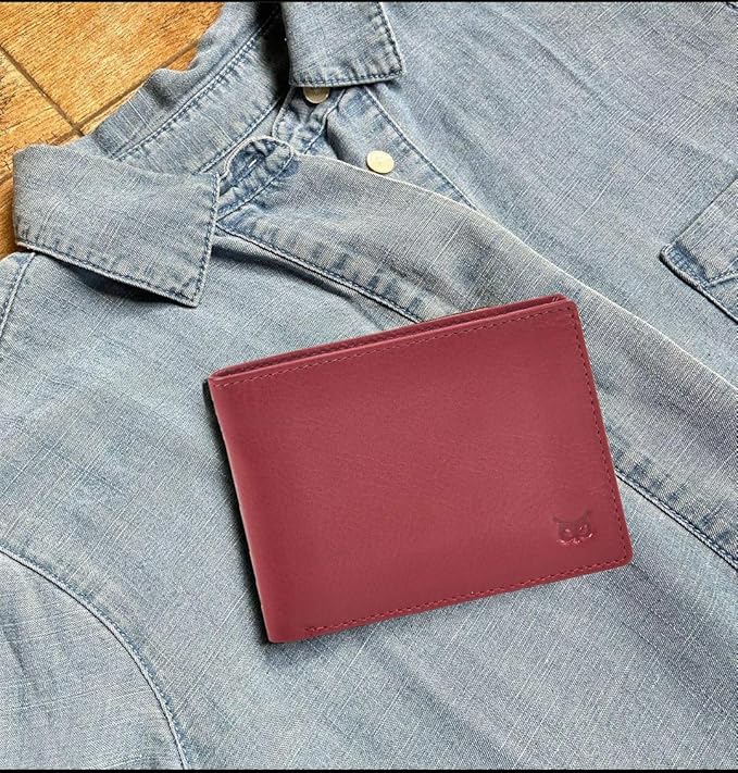 Real Leather Mens Bifold Wallet RFID Blocking Slim Minimalist Front Pocket - Thin & Stylish with ID Window in Gift Box (Nappa, Red)