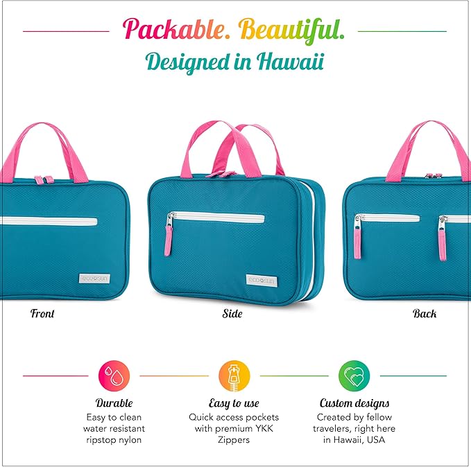 Eco Sun Hanging Travel Toiletry Bag — Designed in Hawaii — Water-Resistant Travel Organizer for Bathroom Accessories (Teal/Hot Pink)