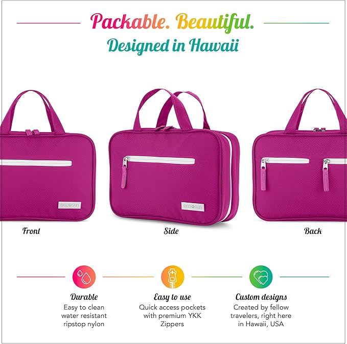 Eco Sun Hanging Travel Toiletry Bag — Designed in Hawaii — Water-resistant Travel Organizer for Bathroom Accessories (Magenta)