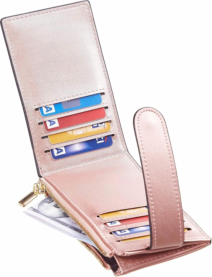 Chelmon Womens Wallet Slim RFID Blocking Bifold Multi Card Case Wallet with Zipper Pocket (Rose Gold CLassic)