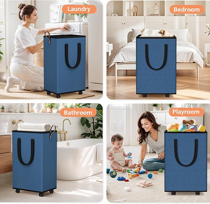 Laundry Basket with Wheels, Collapsible Laundry Baskets, Laundry Hamper with Handles Detachable Wheels, Rolling Laundry Basket, Dirty Clothes Hamper for Bathroom, Dorm, Bedroom, Navy, 100L