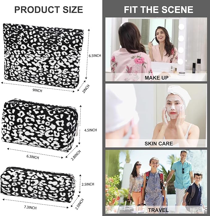 EIMMBD Makeup Bag 3 Pieces Large Capacity Cosmetic Bags Travel Toiletry Bag Organizer Cute Makeup Pouch Storage for Women(Black White)