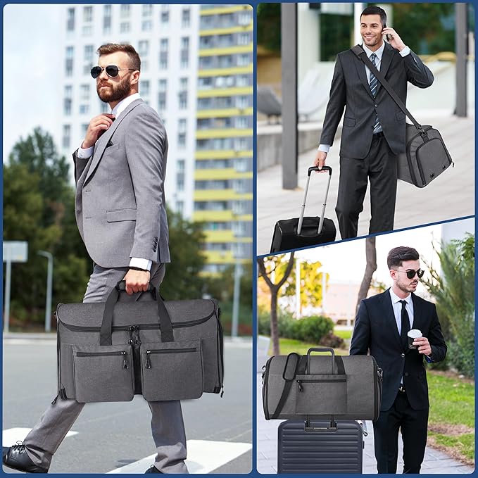 HILOMON Convertible Duffle Bags for Travel Carry On Suit Duffle Bags with Shoulder Strap 2 in 1 Hanging Garment Duffle Bag for Men Women (Grey)